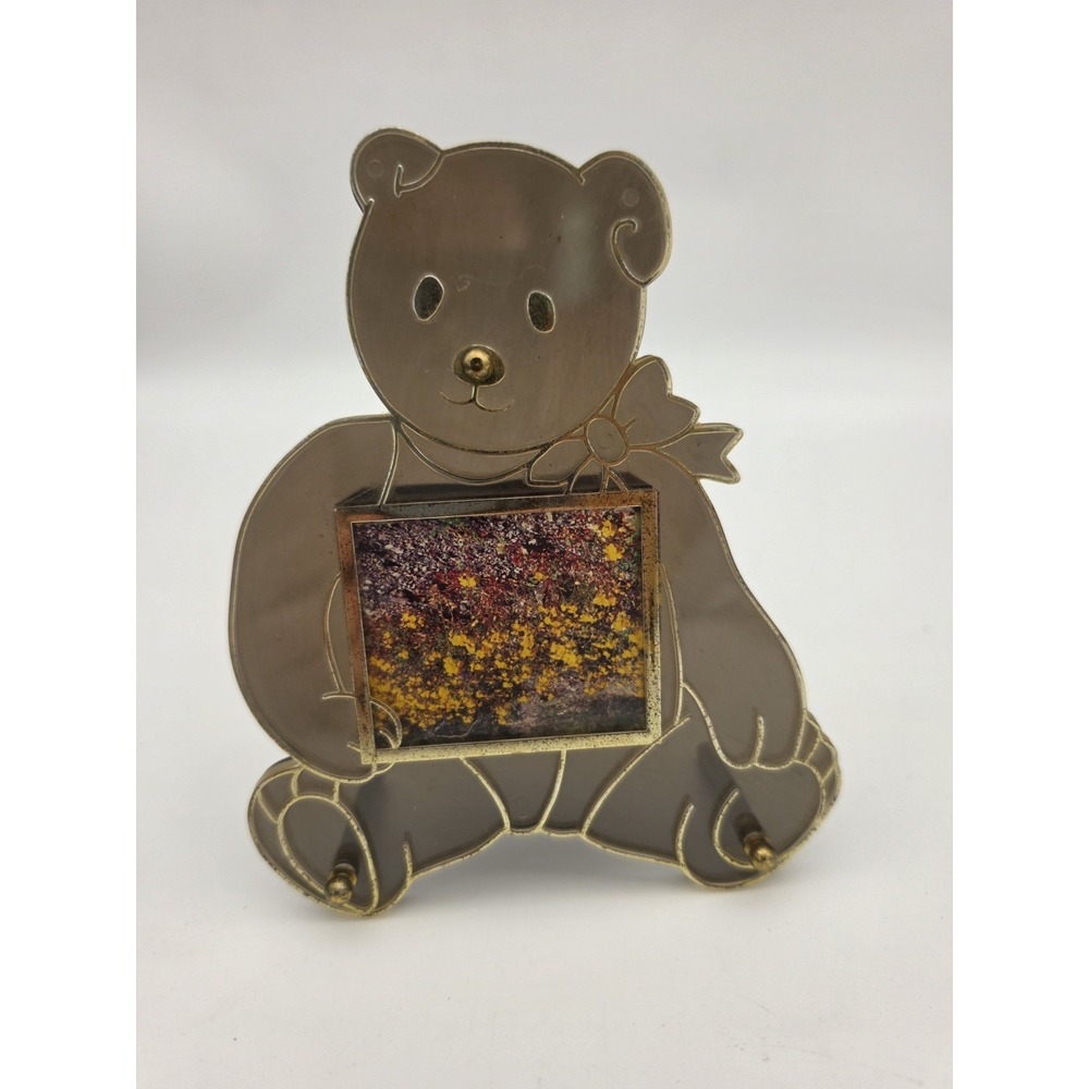 Vintage Teddy Bear Musical Photo Frame Smoked Acrylic Lucite Gold Retro Nursery